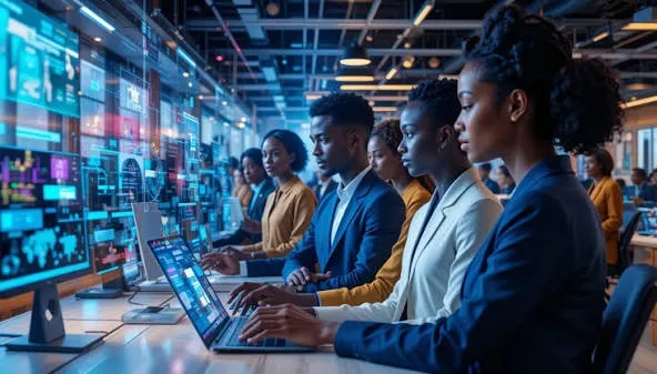 Équipe travaillant sur des ordinateurs dans un espace numérique